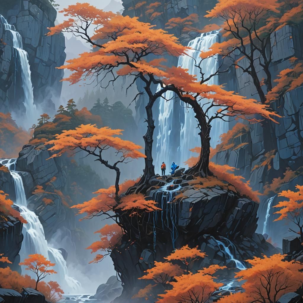 Vibrant Tree Beside Waterfall with Ethereal Light