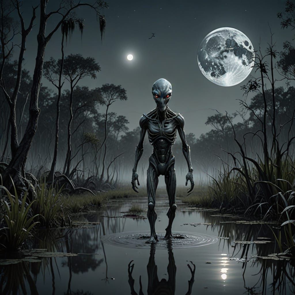 Tall Gray Alien Walks Through Moonlit Swamp at Night