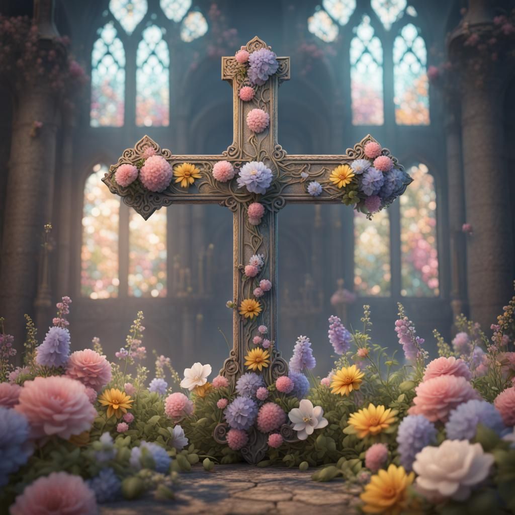 Christian Cross with Pastel Flowers: Rustic Art