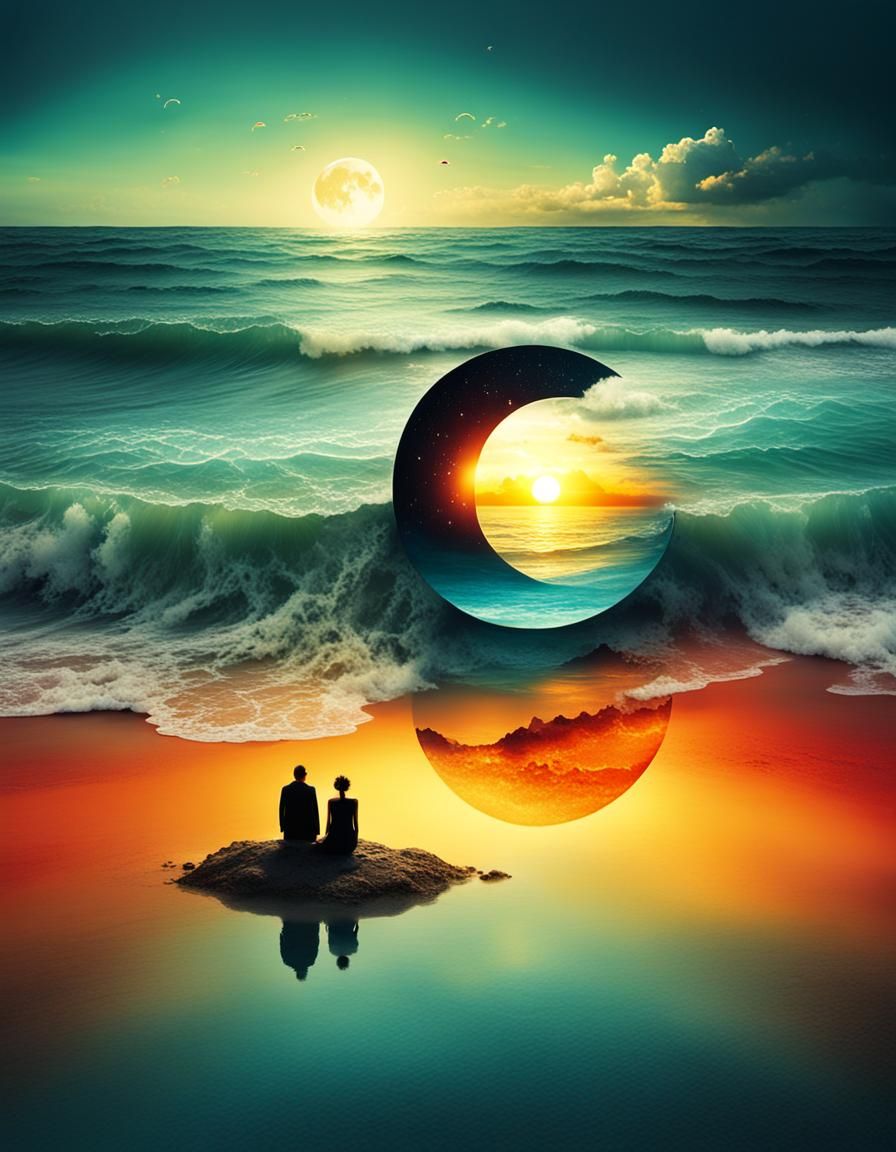 Surreal Yin Yang Sunset on Vibrant Beach