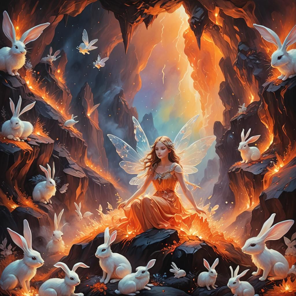 Ethereal Fairy and Rabbits Dancing in Volcano
