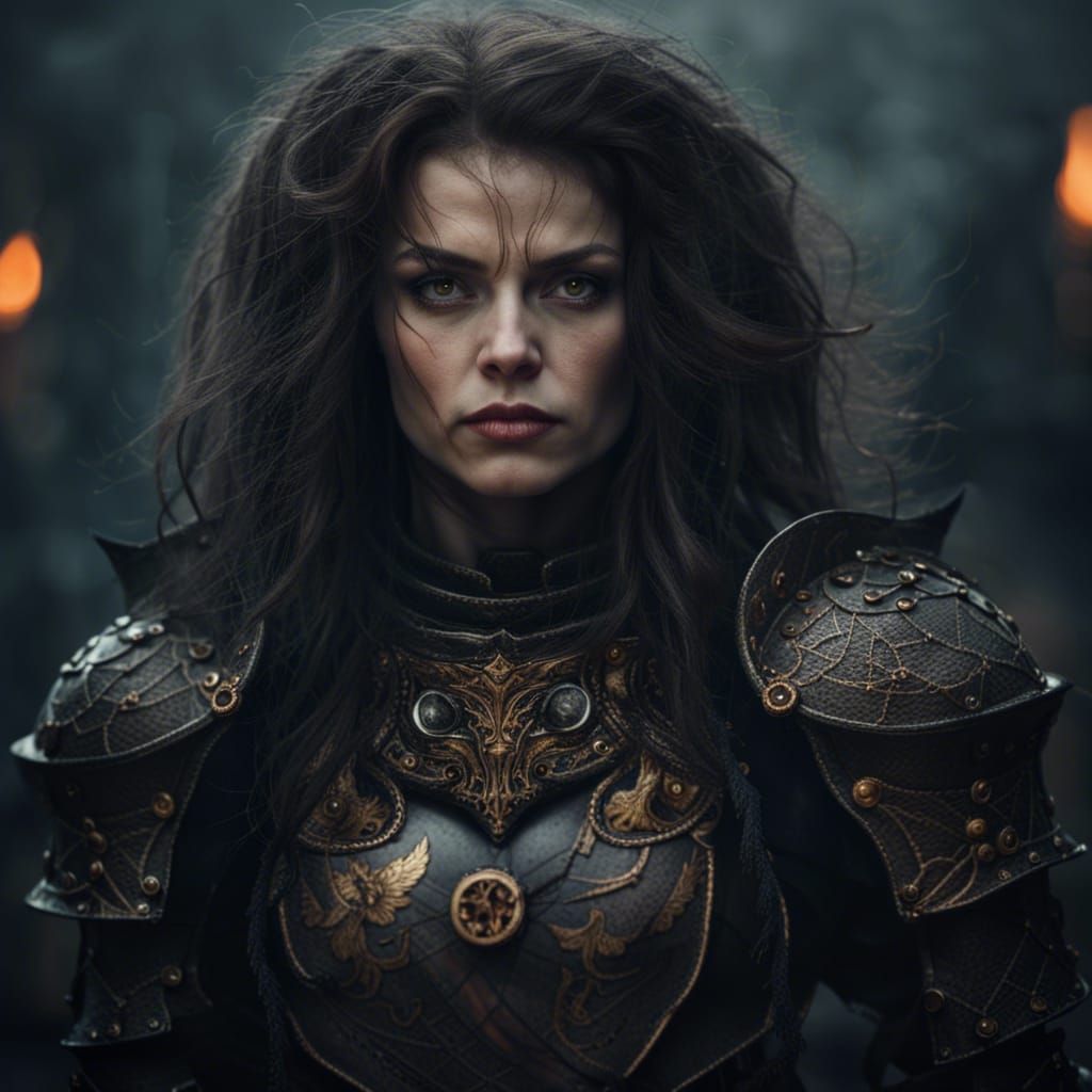 Armored Witch Portrait with Piercing Gaze