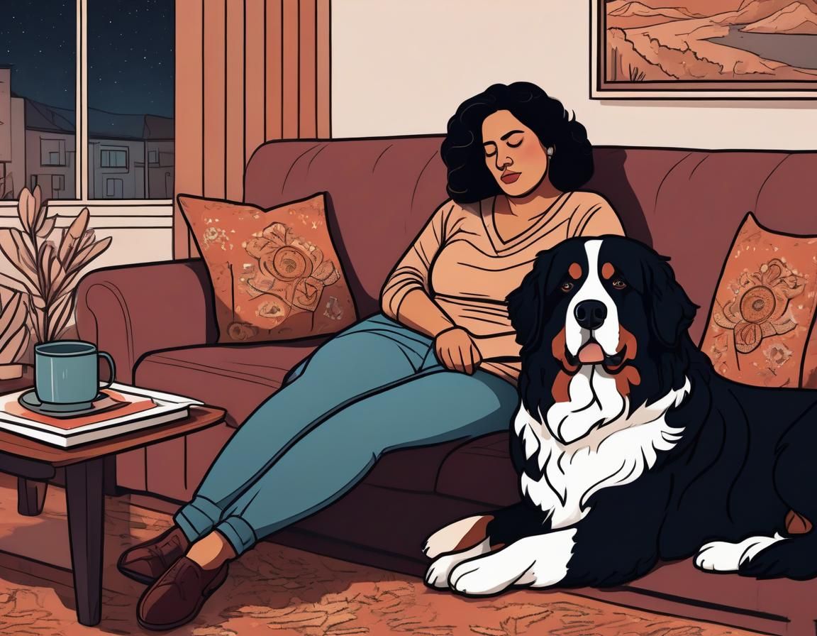 Sleepy Woman and Dog: 2D Vector Art