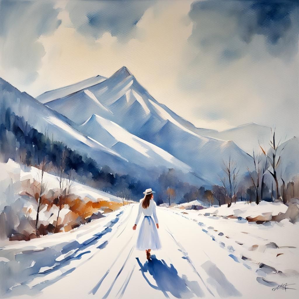 Woman in White Dress: Gouache Winter Scene