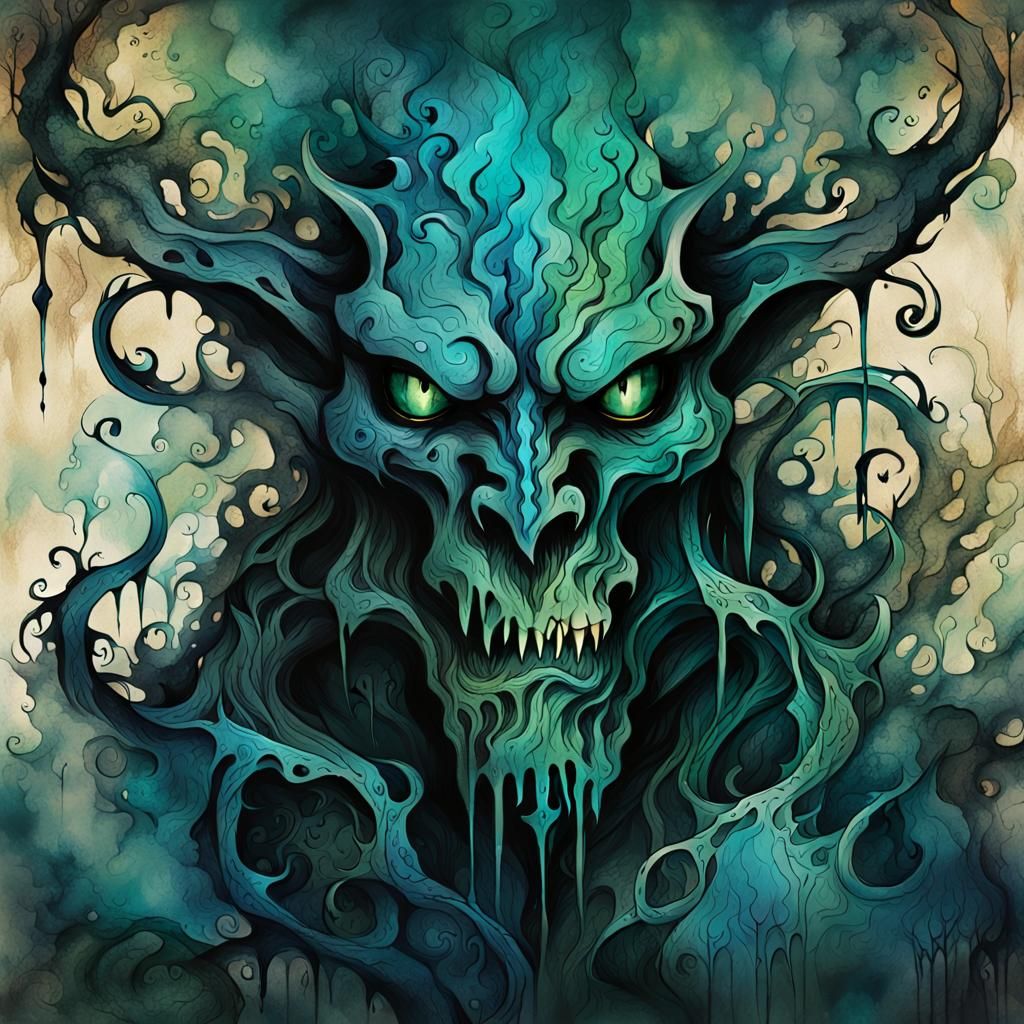 Ink Demon Writes on Parchment in Dark Fantasy Oil Painting