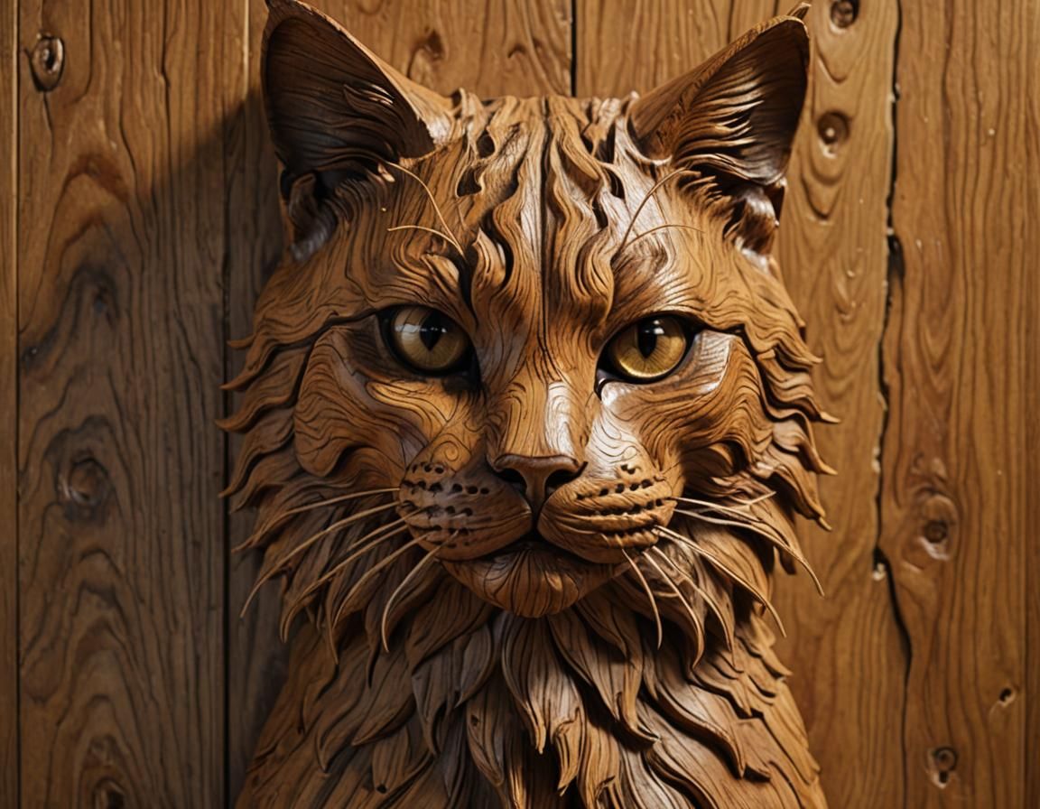 Hyper-Realistic 3D Teak Wood Cat Sculpture
