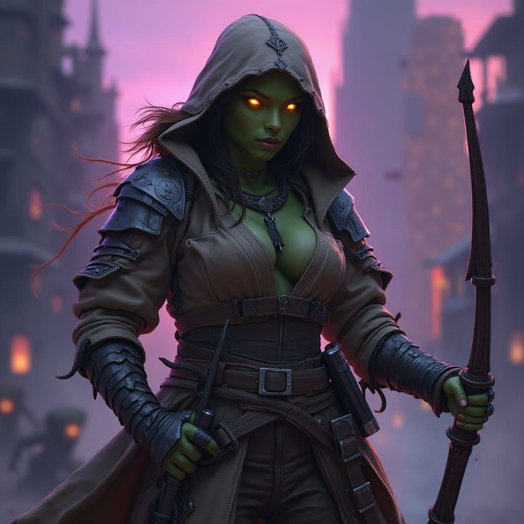 Dark Fantasy Half Orc Bounty Hunter in Epic 8K Art