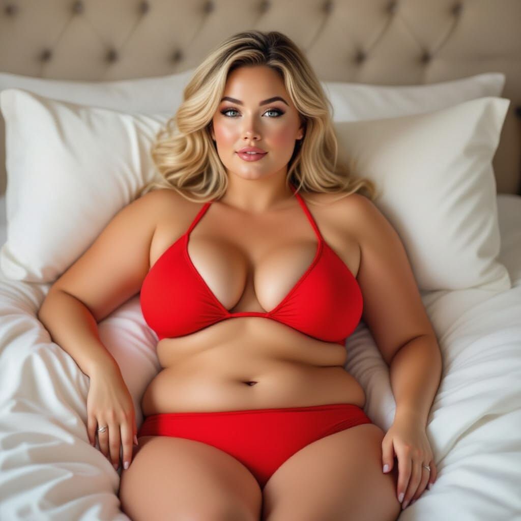 Plus-Size Woman in Red Bikini, Realistic Style