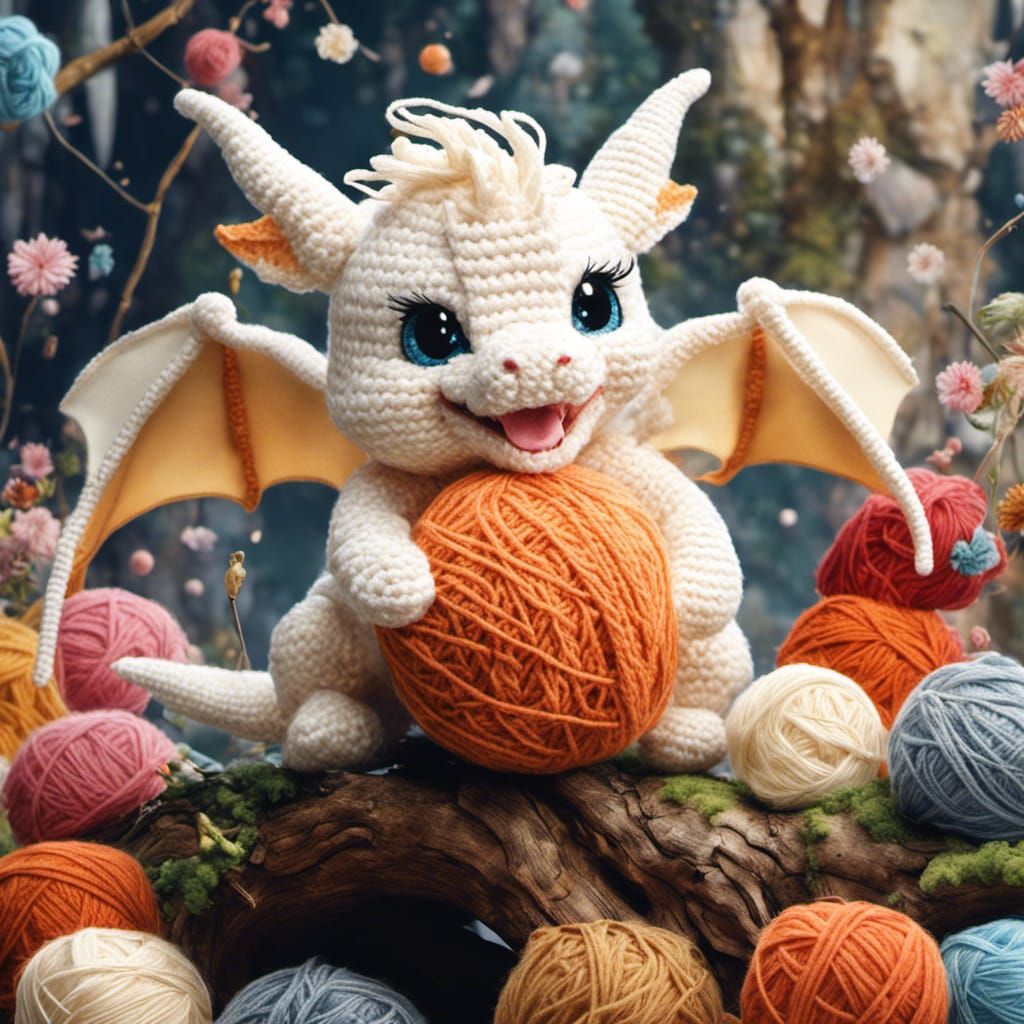 happy cutie crochet dragon playing with a balls of yarn