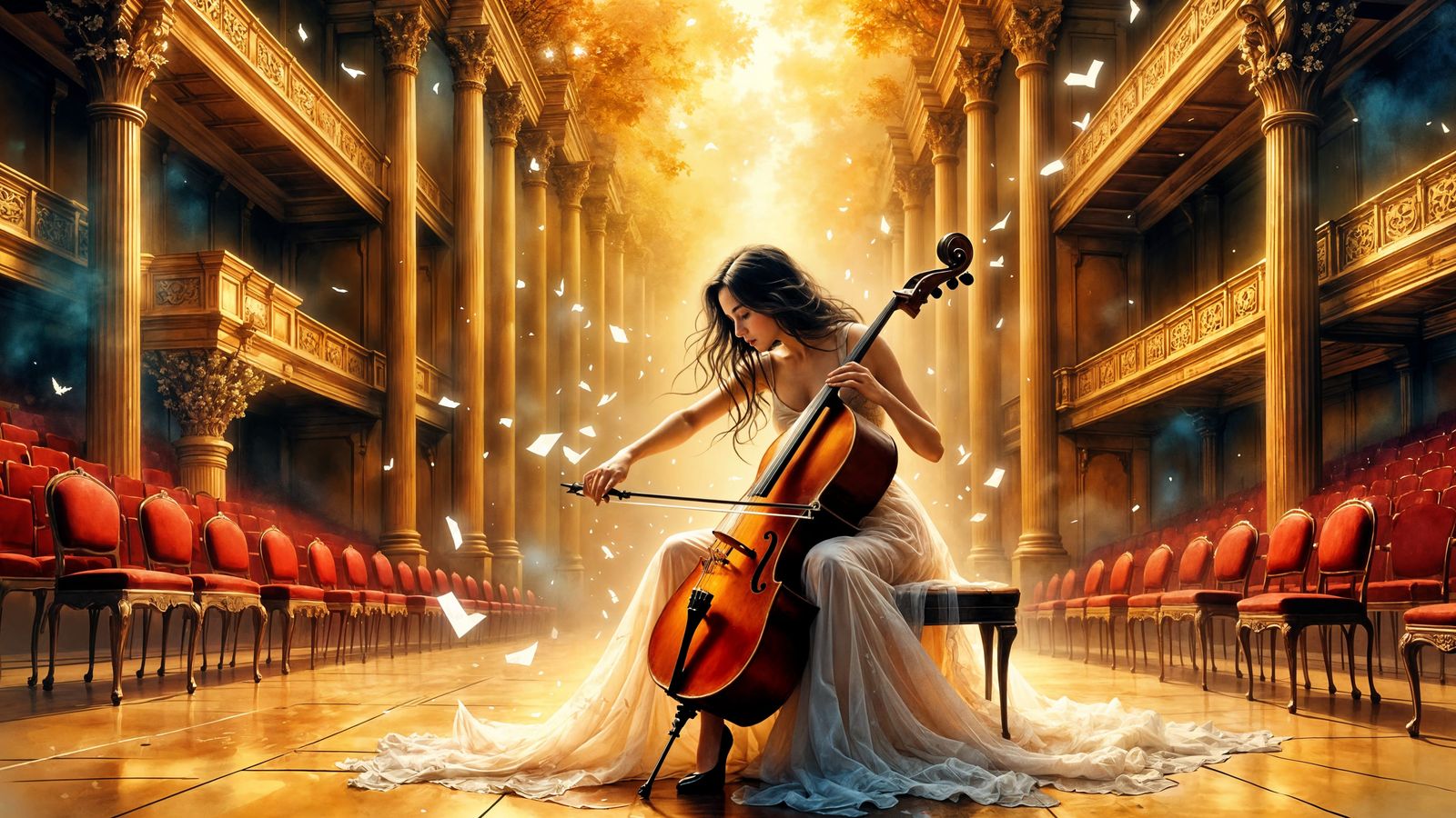 Gorgeous Lady Plays Glowing Cello in Manga Watercolor Style