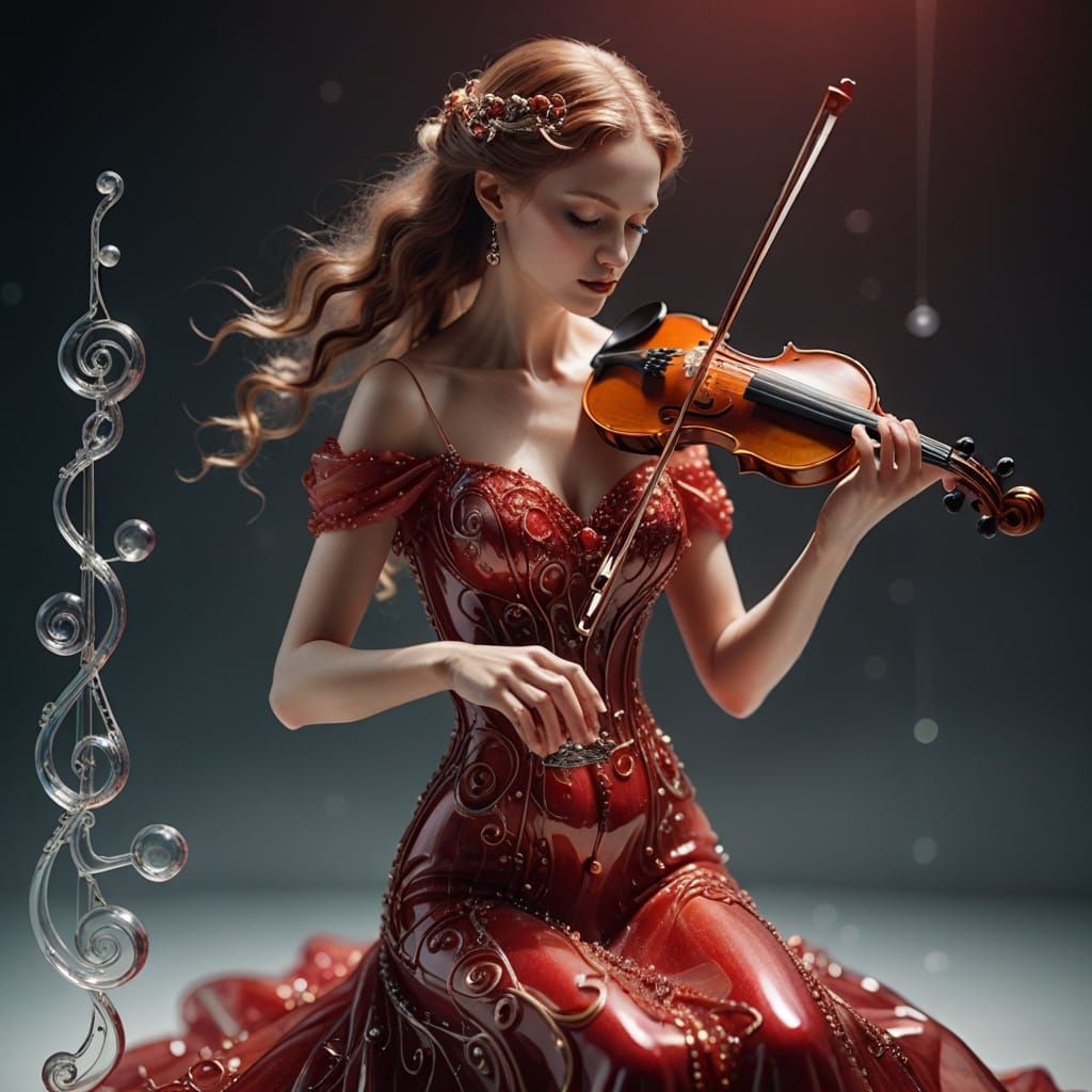 Woman in Crimson Glass Dress Plays Violin