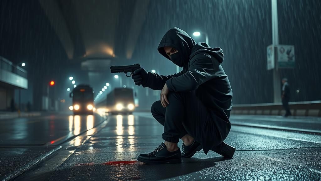 Injured Man in Mafia Suit by Roadside, Photorealistic Scene