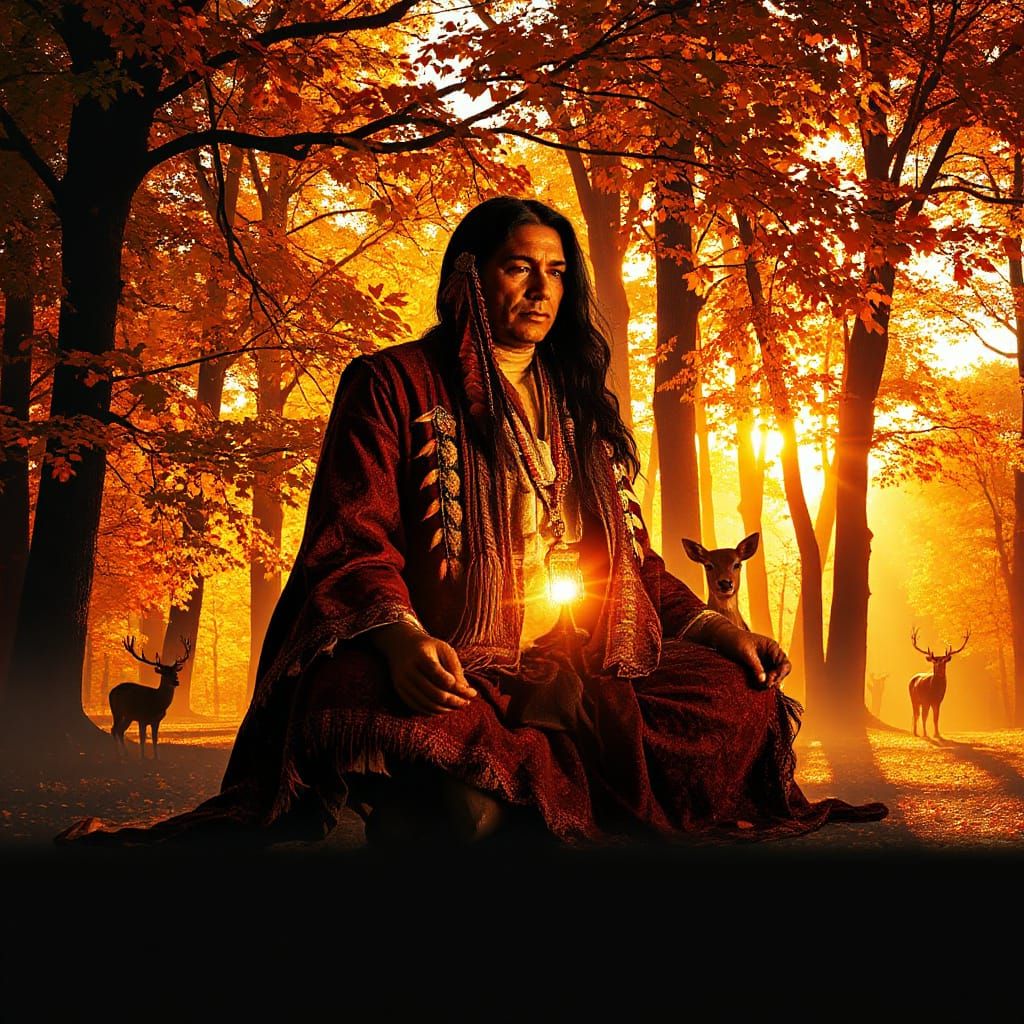 Native Spirit Guide Meditation in Autumn Forest Double Expos...