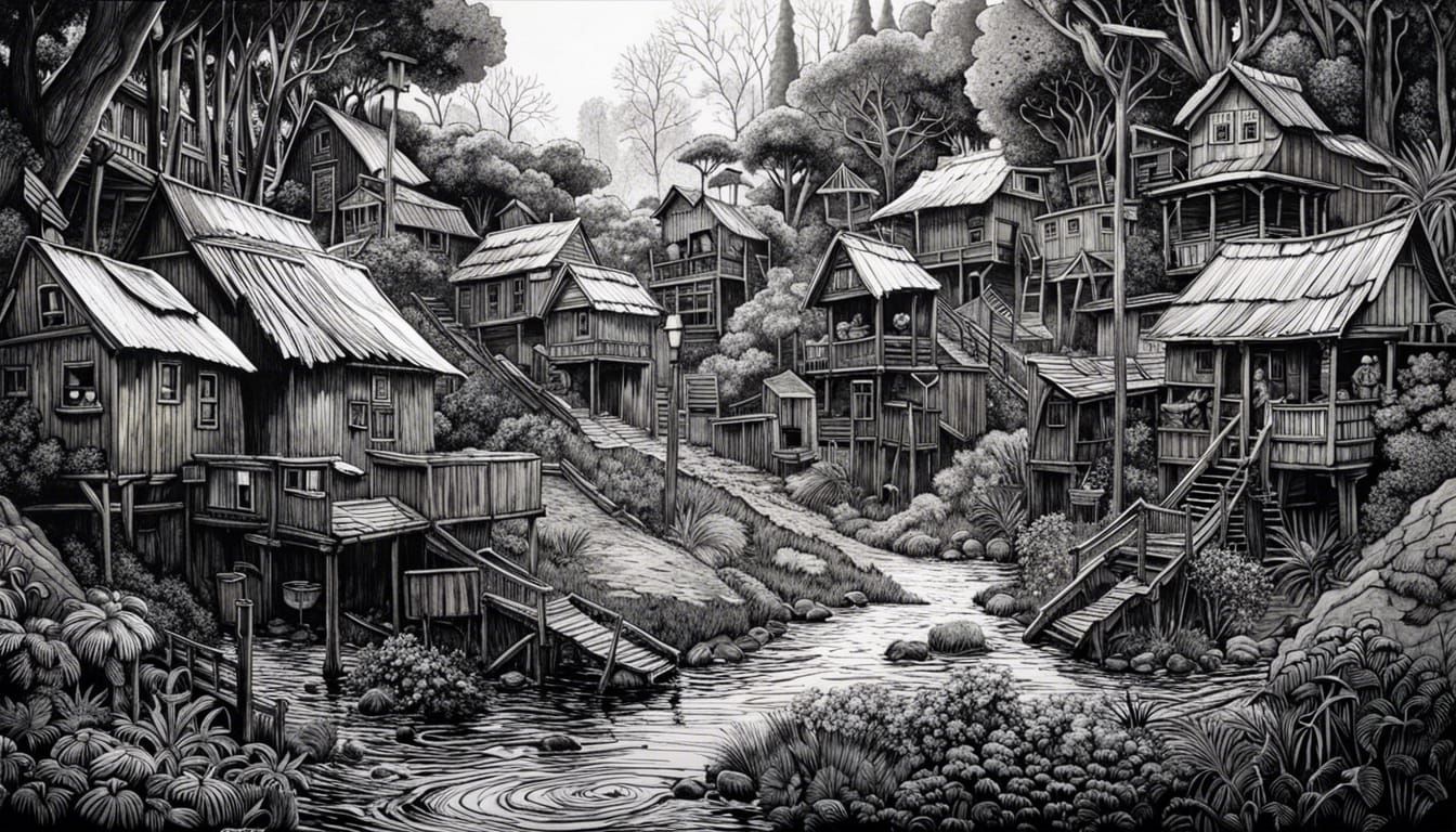 Monochrome African Village Ink Drawing