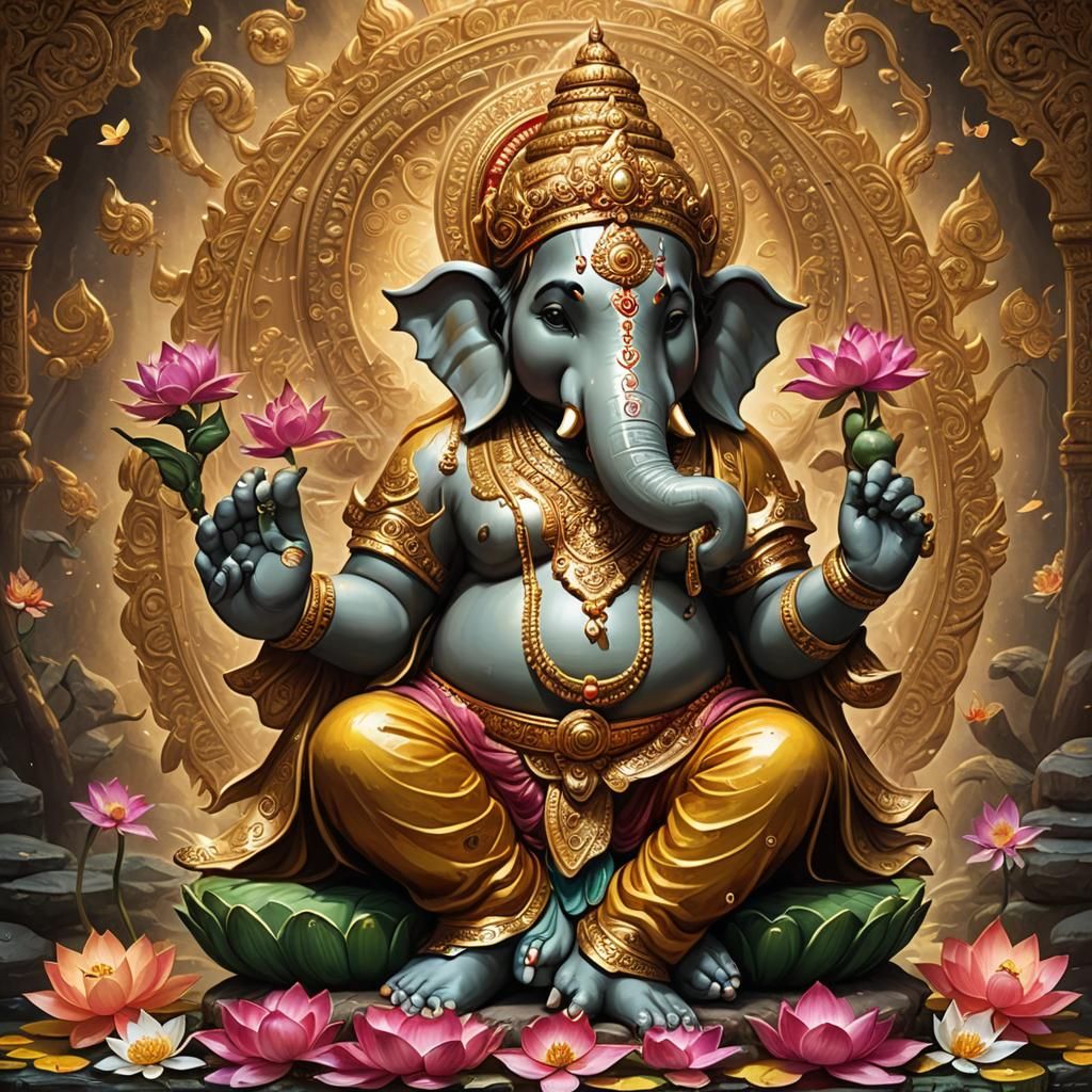 Ganesha on Lotus Throne: Detailed Matte Painting