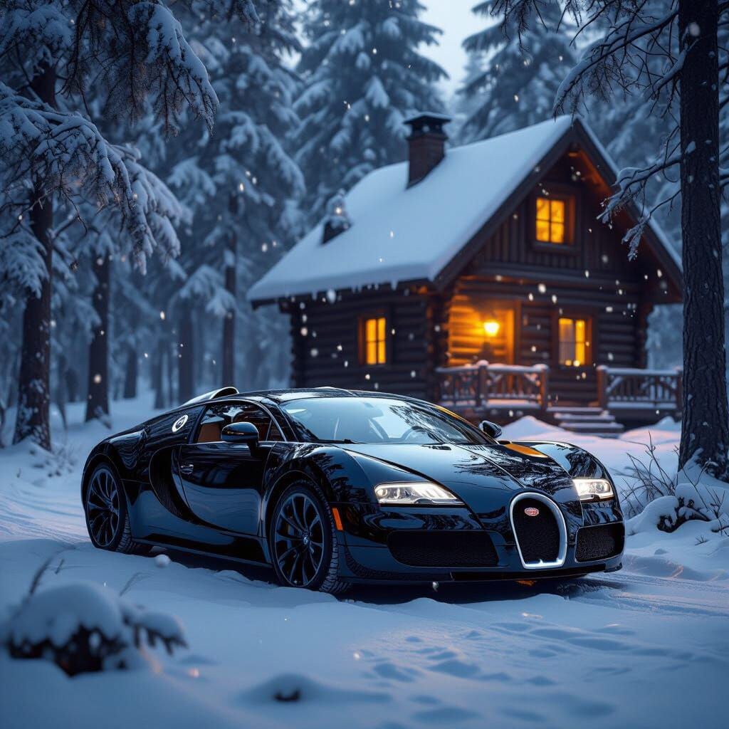Bugatti in Snowy Forest Beside Cabin
