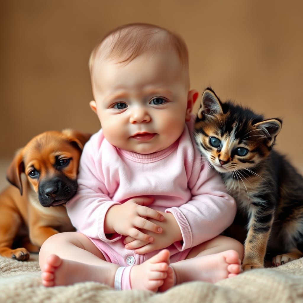 Pastel Paradise: Baby, Puppy, and Kitten in a Cozy Moment