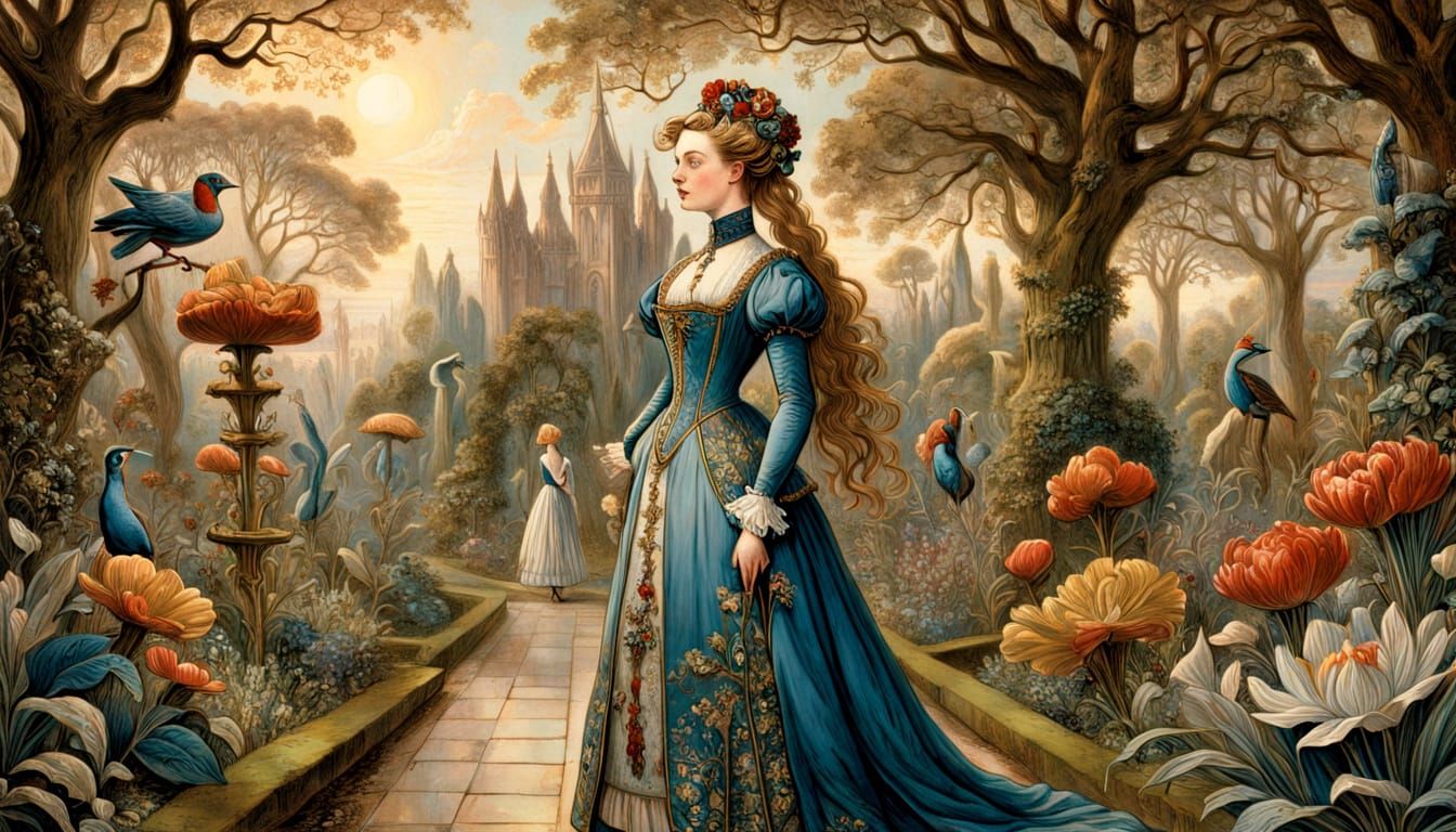 Ethereal Lady in a Whimsical, Ornate Garden Scene