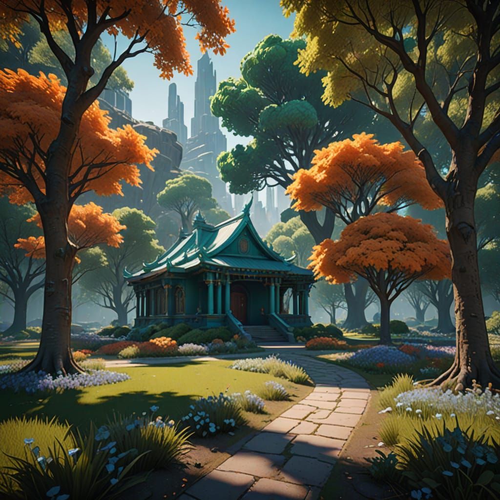 Hyperdetailed Park Landscape at Dawn with Dynamic Lighting