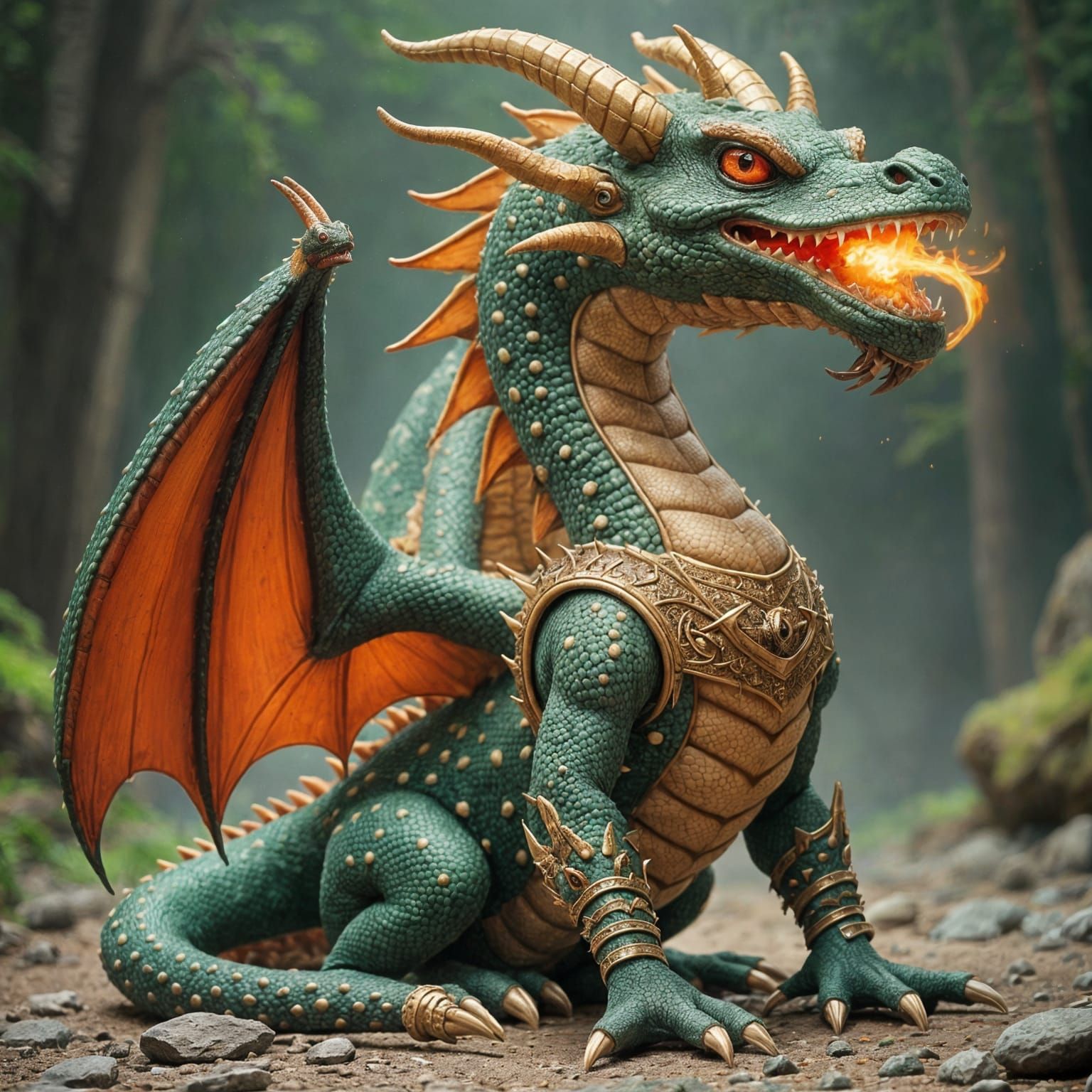Fire-Breathing Dragon with Mustache and Chest Armor