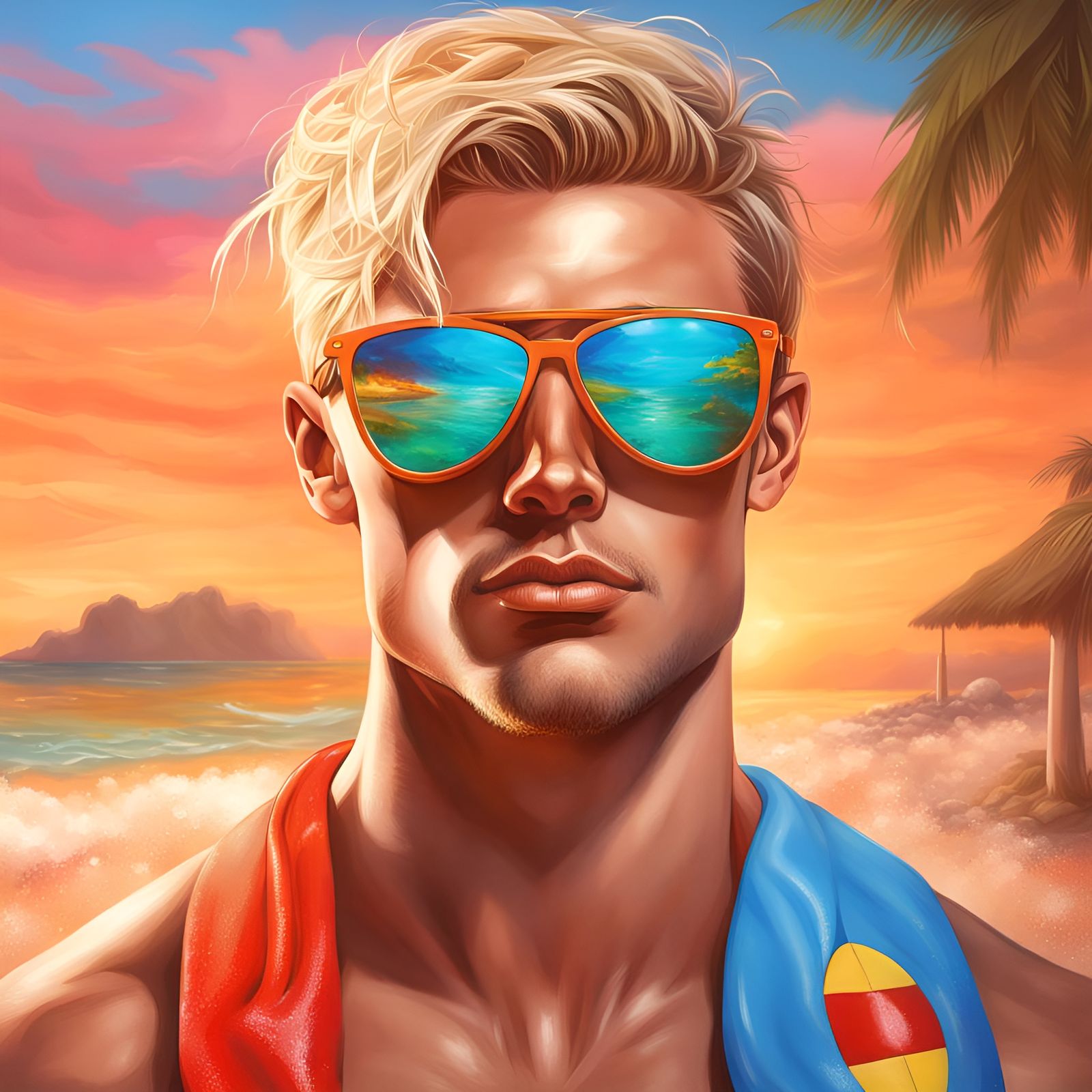 Lifeguard in Mirrored Sunglasses: Hyperrealistic Splash Art