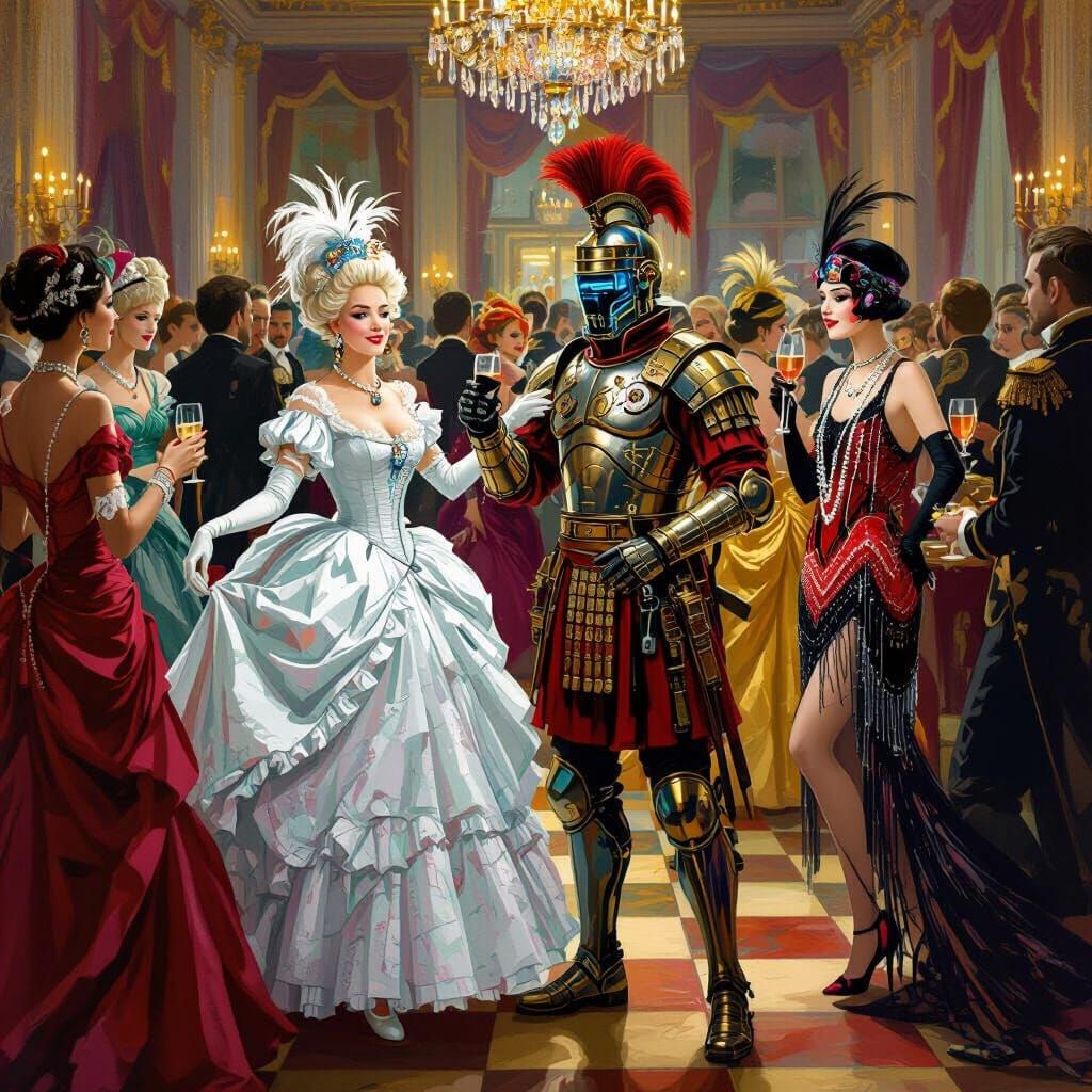 Anachronistic Ballroom Revelry in Vibrant Pop Art Style