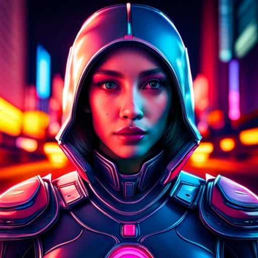 Cyborg Girl Portrait in Neon City at Night