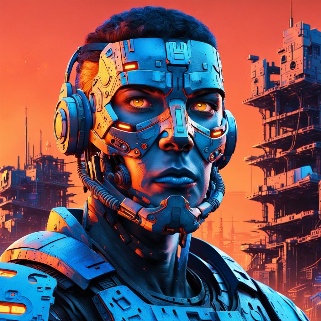 Cyborg Warrior in Wasteland: Comic Book Illustration