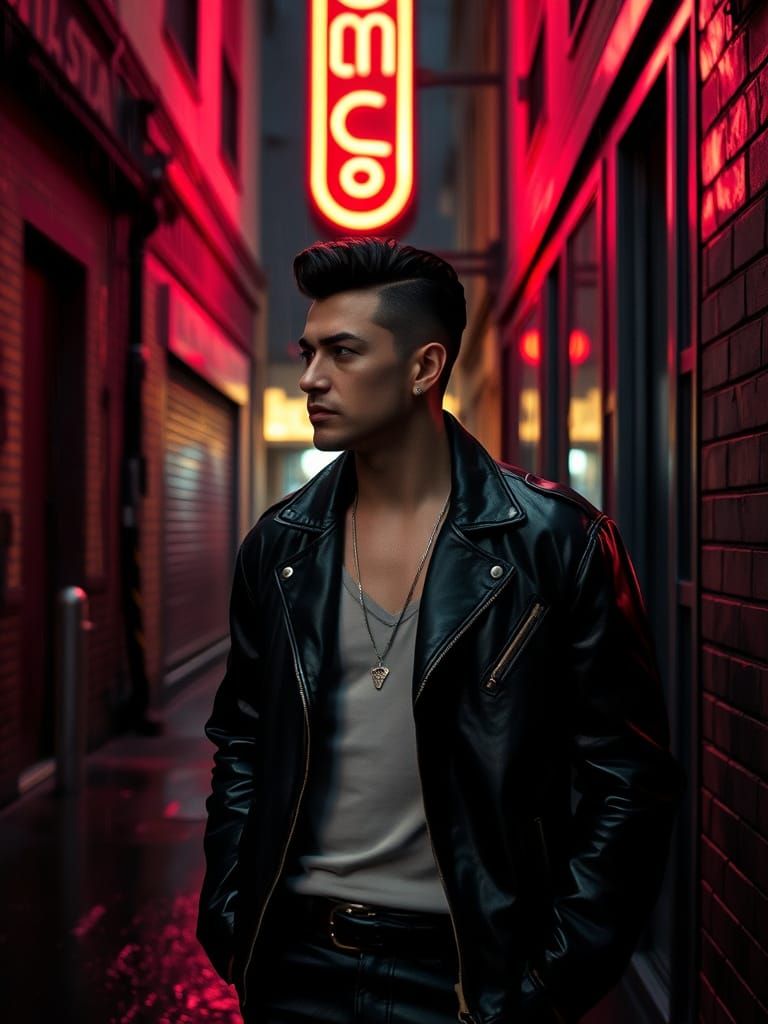 Noir Greaser in Rain-Soaked Alleyway