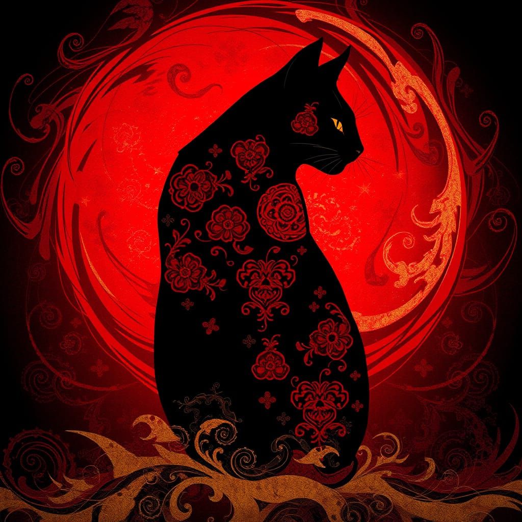 Dark Cat Silhouette in Vibrant Red and Gold