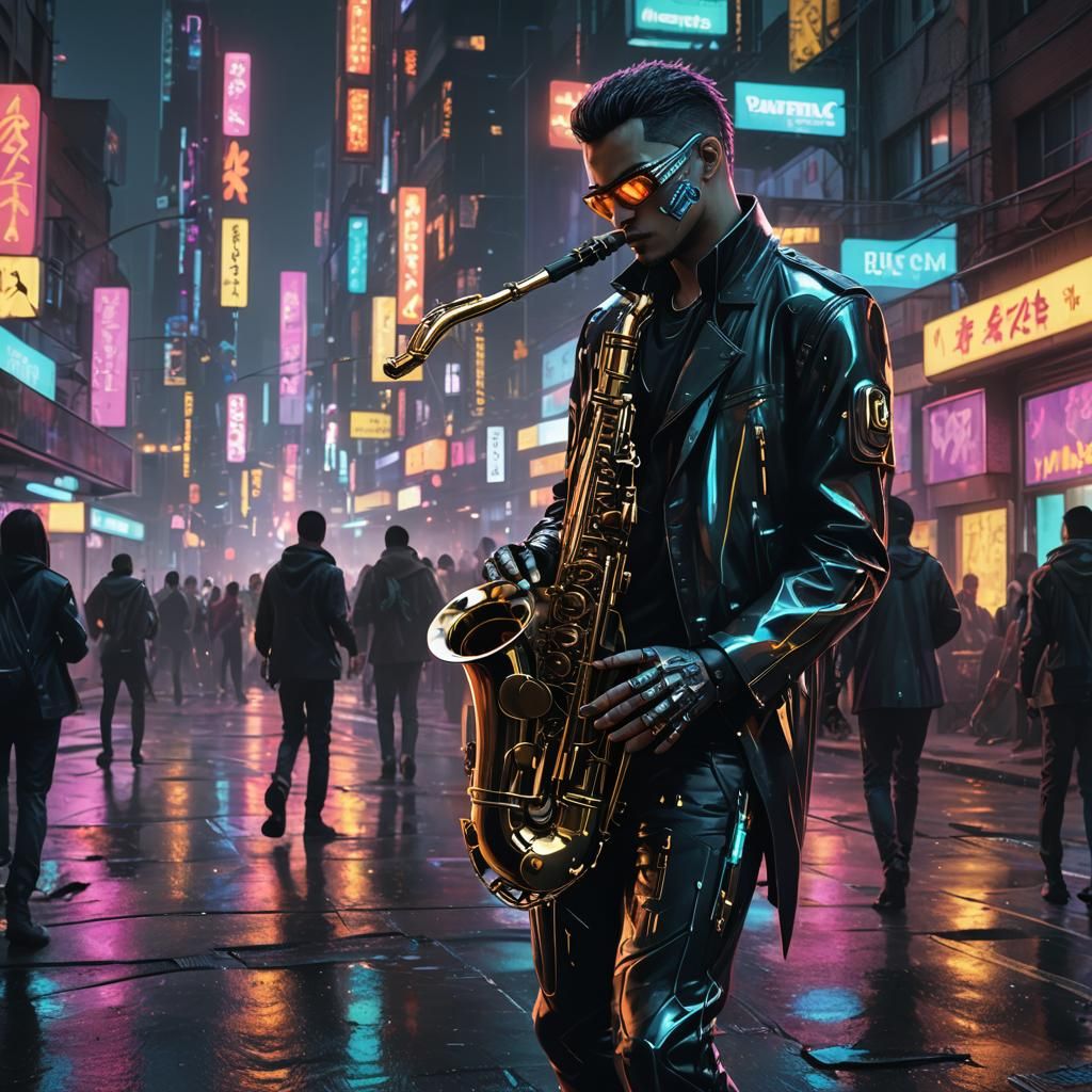 Cyberpunk Android Saxophonist in Neon Cityscape