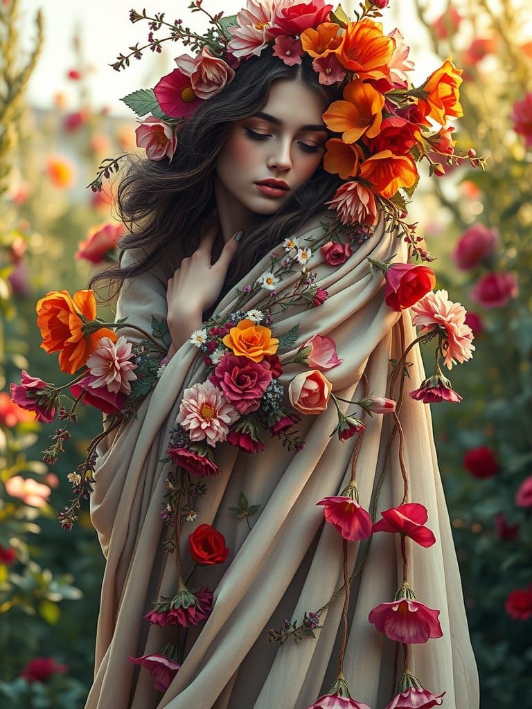 Sensual Floral Goddess in a Dreamlike Garden