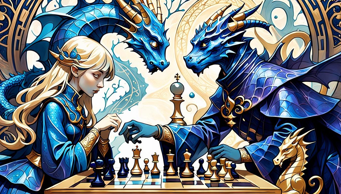 Wizard and Dragon Girl Chess Game in Art Nouveau