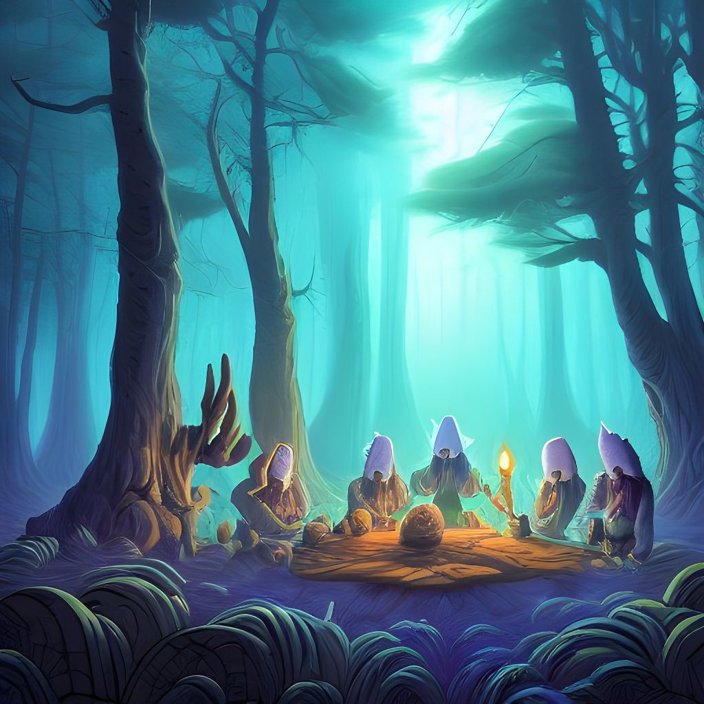 Wizards Conjuring Magic in Misty Forest, Digital Art