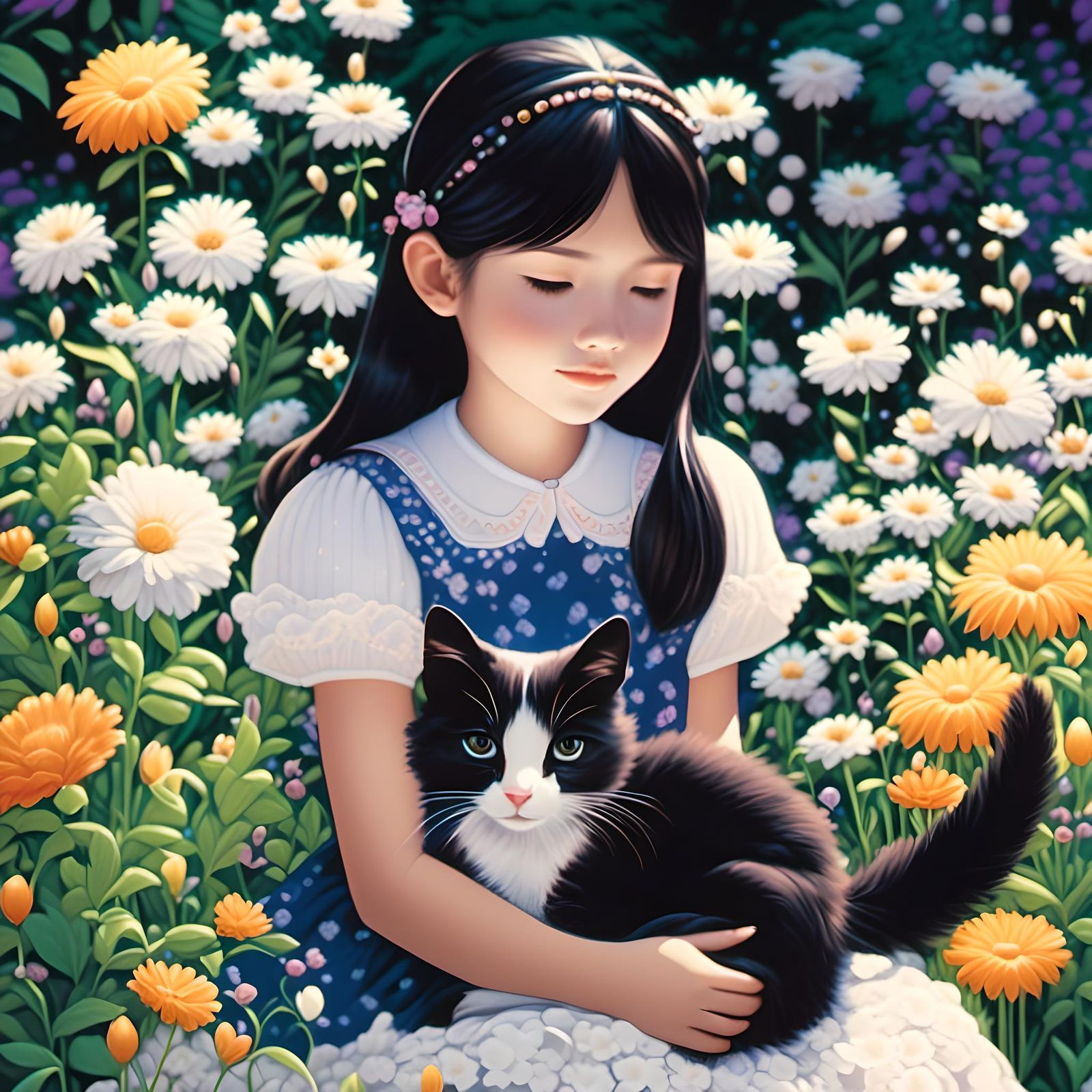 Girl and Cat in Summer Garden, Hyperrealistic Style
