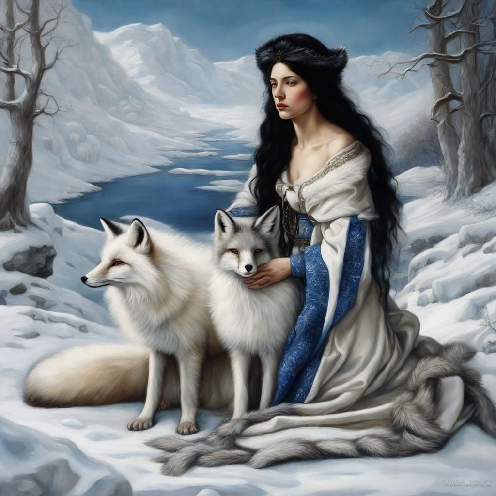 Nordic Priestess in Winter Landscape, Pre-Raphaelite Paintin...