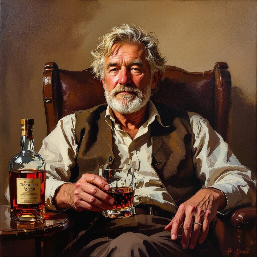 Elderly Man Enjoys Whisky in Atmospheric Oil Painting