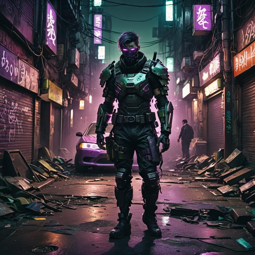 Cyberpunk Alleyway: Scarred Man in Damaged Armor