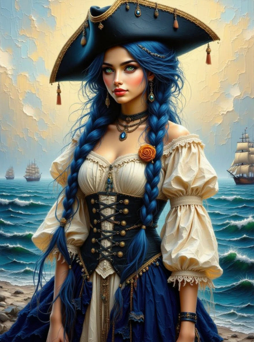 Pirate Queen with Blue Braids and Tricorn Hat