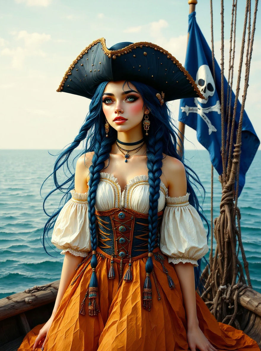 Pirate Queen with Dark Braided Hair and Tricorn Hat