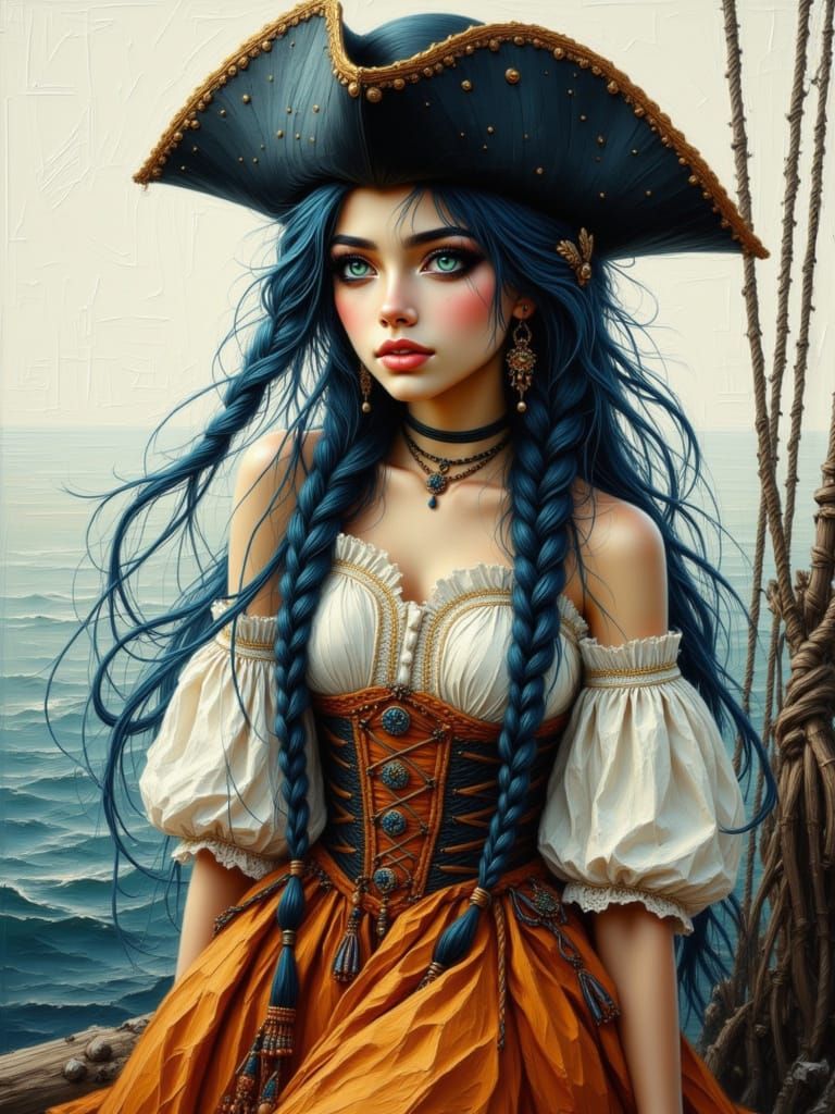 Pirate Queen with Long Braids and Tricorn Hat