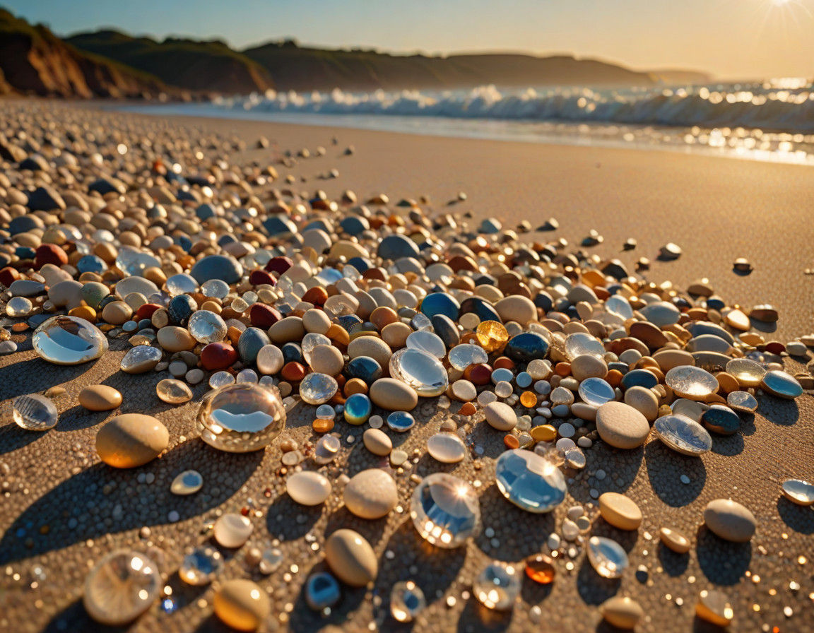 Surreal Beach Scene with Gems and Diamonds