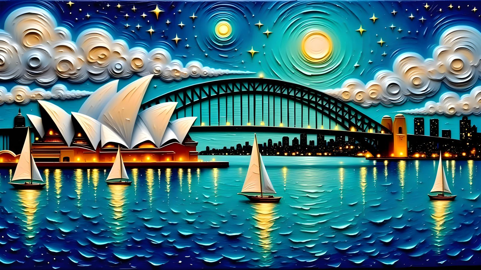 Sydney Harbour Bridge at Night as Impasto Painting