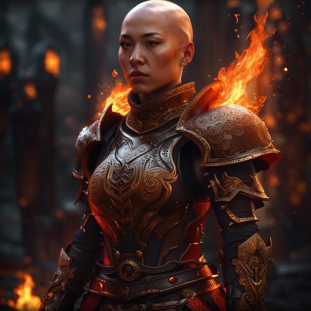 Bald Asian Woman in Fiery Armor: Dark Fantasy Art
