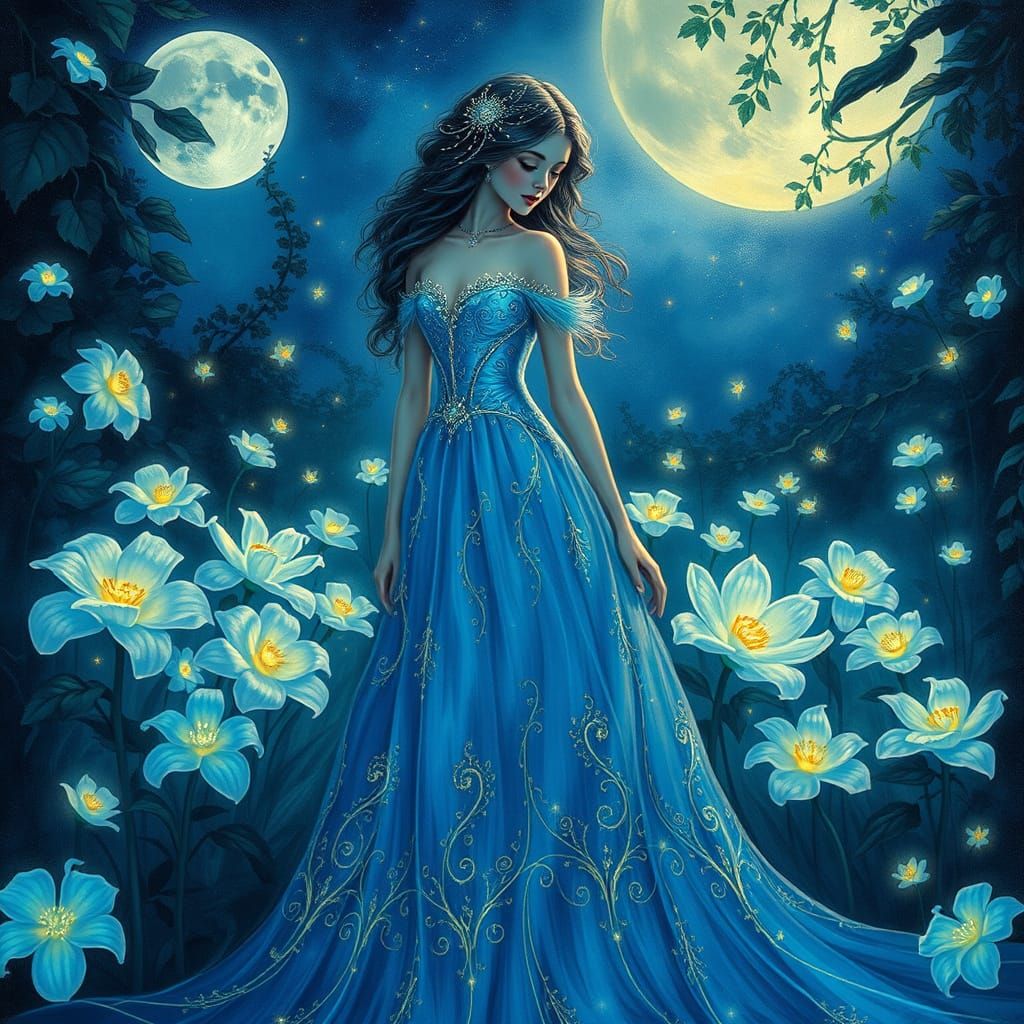Ethereal Princess in Moonlit Garden as Art Nouveau