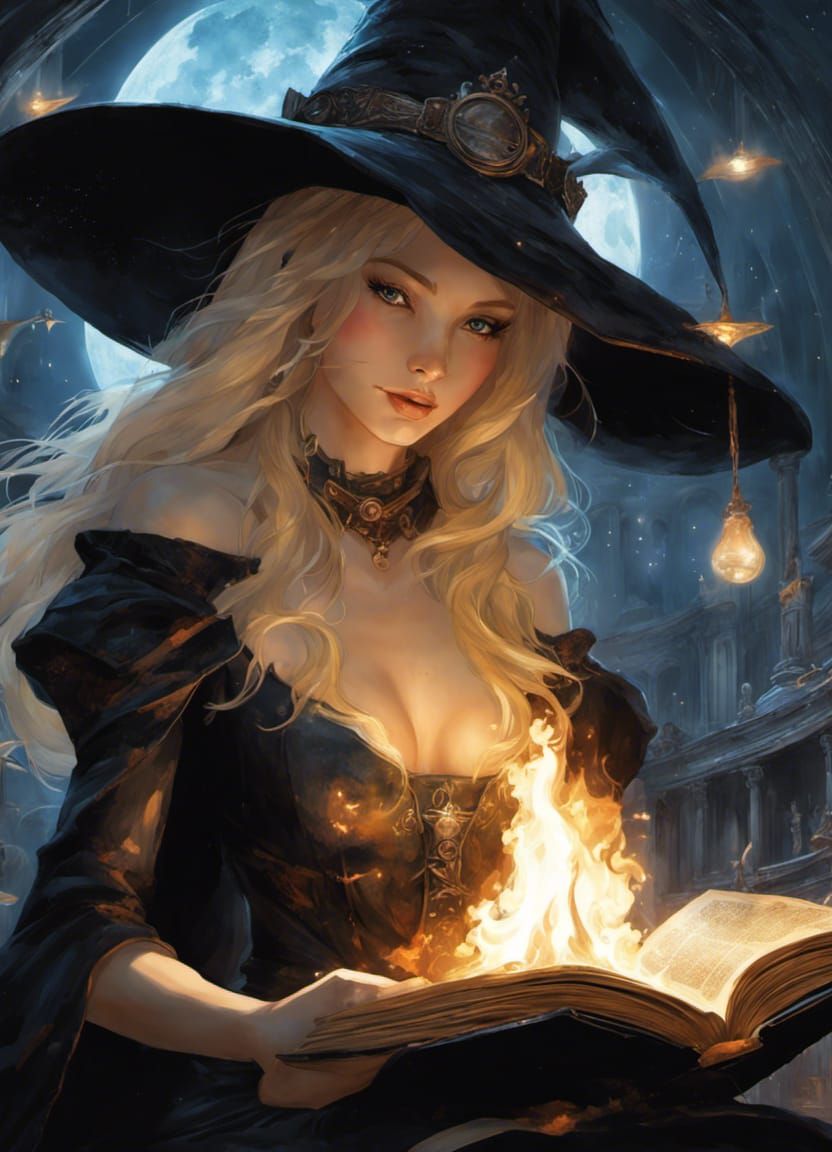 Blonde Witch Burning Books in Dark Fantasy Style