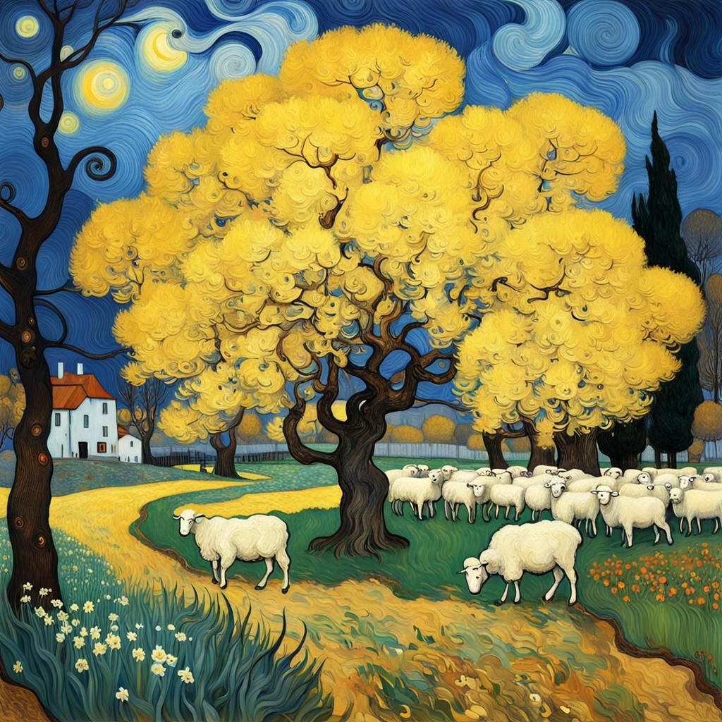 Gustav Klimt painting beautiful yellow Trees
sheep and daffodils