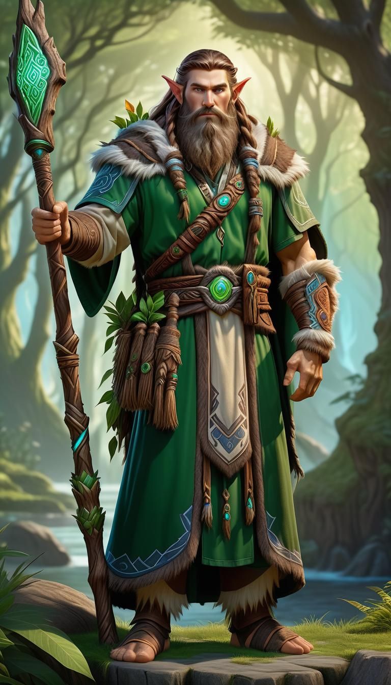 Detailed Elf Druid with Staff in Warcraft Style