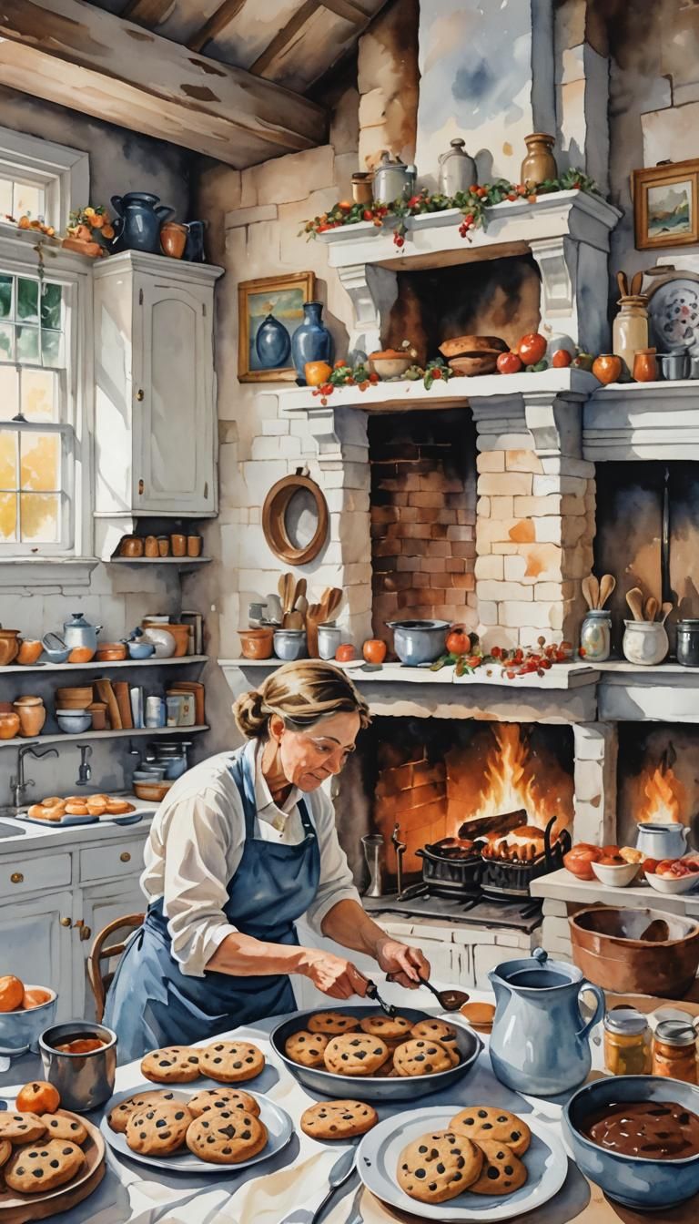 Farmhouse Kitchen Scene in Impressionist Gouache Style