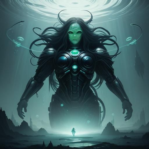 Surreal Bubble Hair Woman in Futuristic Cityscape